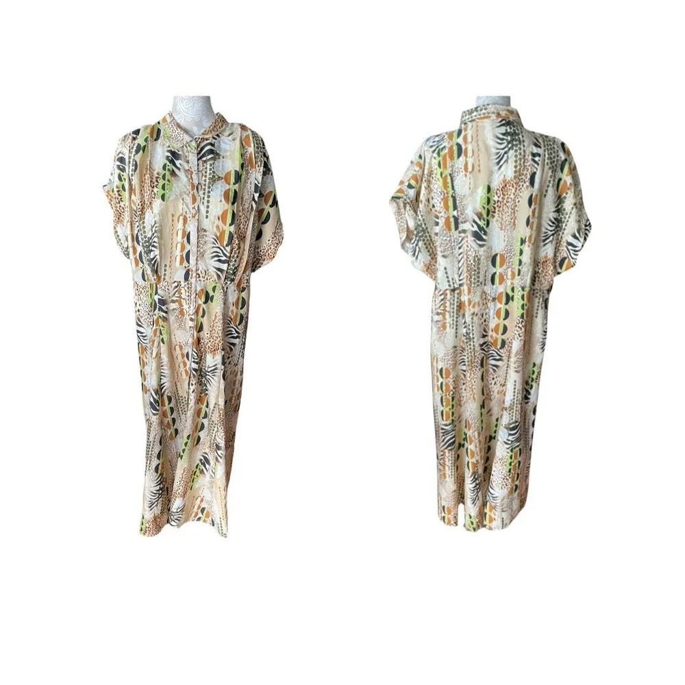 Safari Animal Print Maxi Shirt Dress Size 3X Zebra Cheetah Boho Button Front